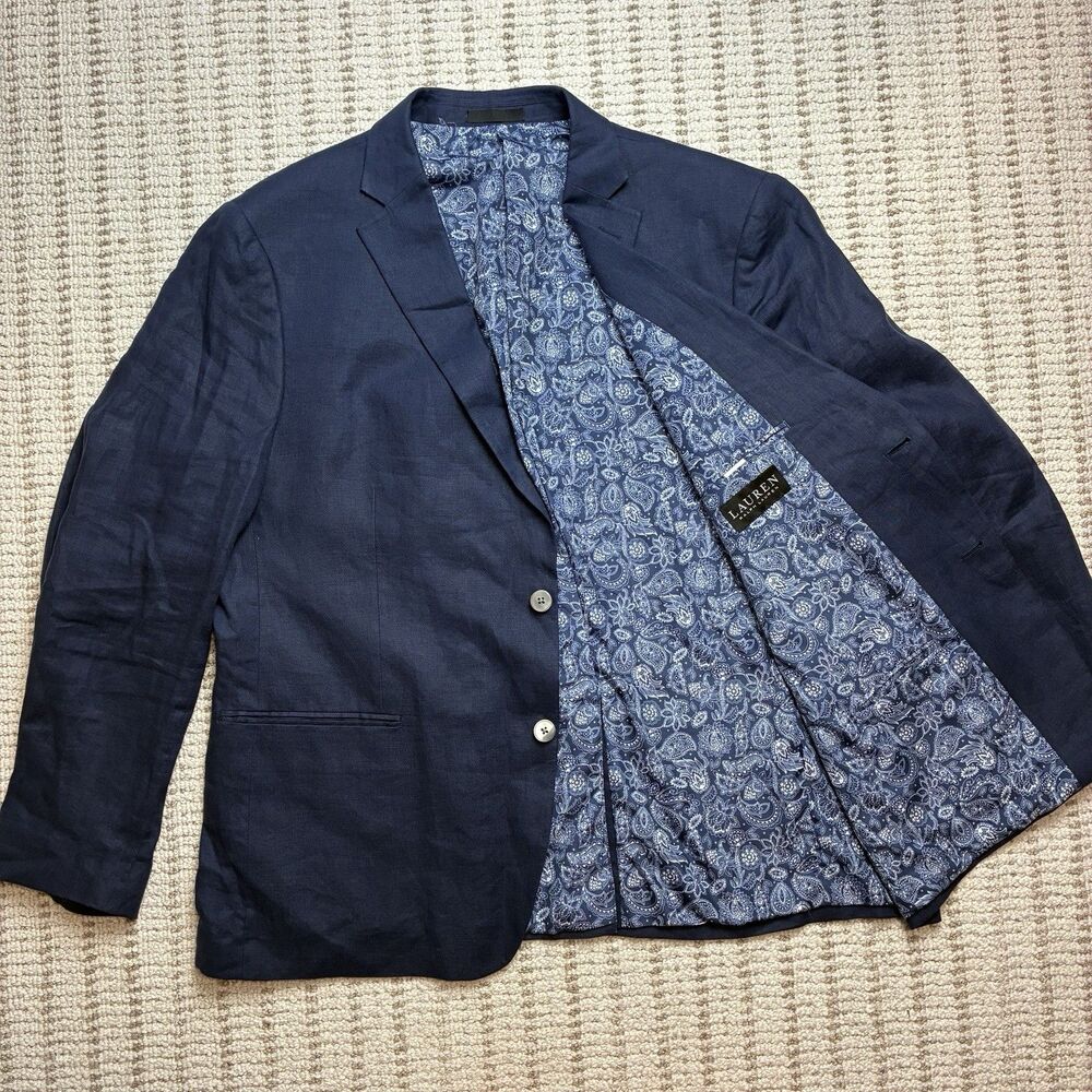 Lauren Ralph Lauren 100% Linen Blazer Mens 48R Tan Paisley Sport Coat Jacket